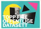 Konstruktivistisk plakat med tittelen 'TOPP FIRE OFFENTLIGE DATASETT' i hvit fet skrift på turkis bakgrunn, med en arkivskuff og geometriske former i gult, rosa og sort.