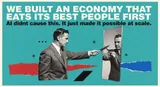 Constructivist-style poster: a 1950s suited man points a kitchen knife at his own reflection in a mirror, on a teal background with torn red and blue paper accents. Headline reads 'We built an economy that eats its best people first. AI didn't cause this. It just made it possible at scale.'