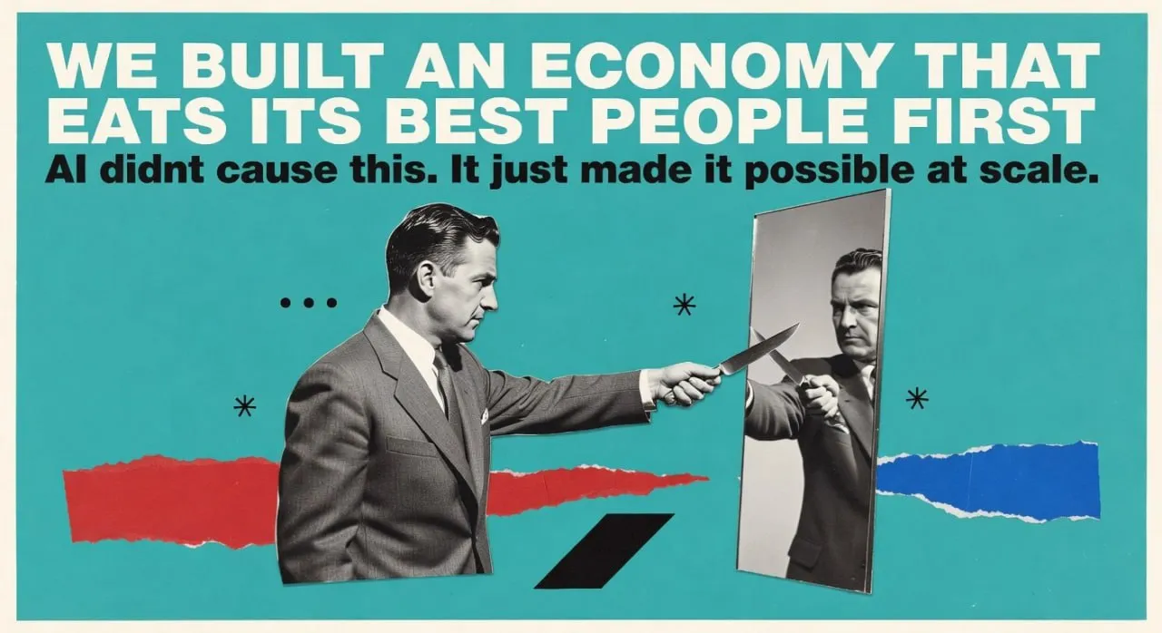 Constructivist-style poster: a 1950s suited man points a kitchen knife at his own reflection in a mirror, on a teal background with torn red and blue paper accents. Headline reads 'We built an economy that eats its best people first. AI didn't cause this. It just made it possible at scale.'